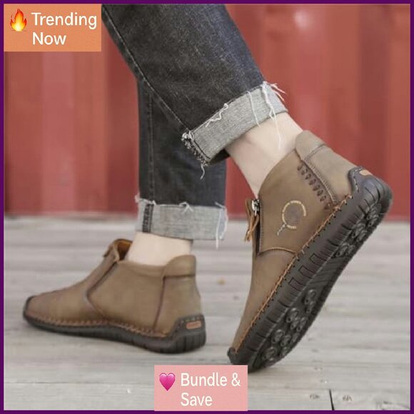 Leather Ankle Boots with Zipper Soft Sole Renaissance Style Women's Shoes - Picture 3 of 7